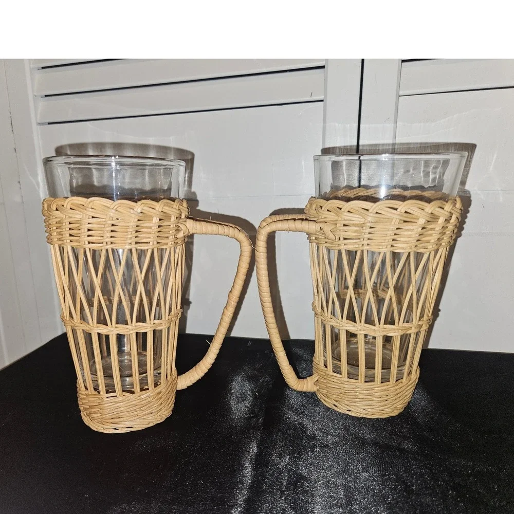 Vintage Wicker Rattan Wrapped Glass Tumblers with Handles Set of 2 Coastal Boho
